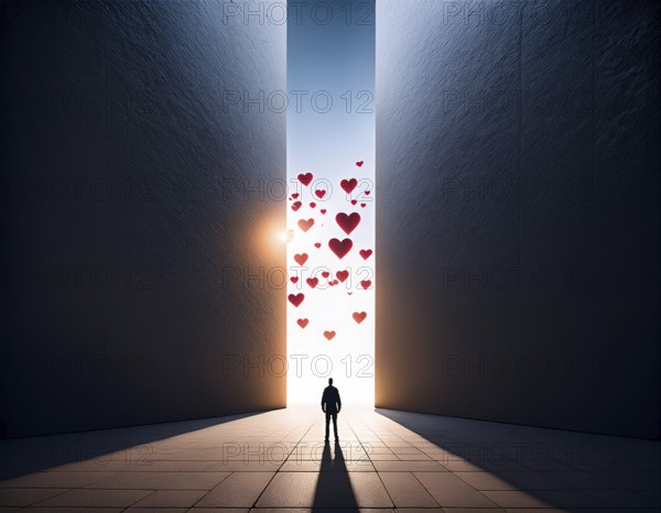 A striking artistic scene depicting a silhouette of a person beneath a vertical column of floating