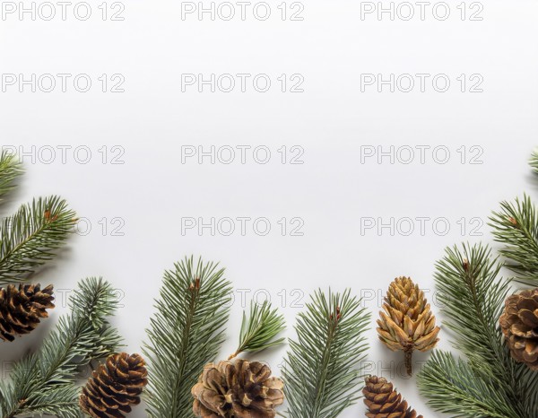 Holiday-themed flat lay with evergreen pine branches and pine cones, evoking a minimalist and