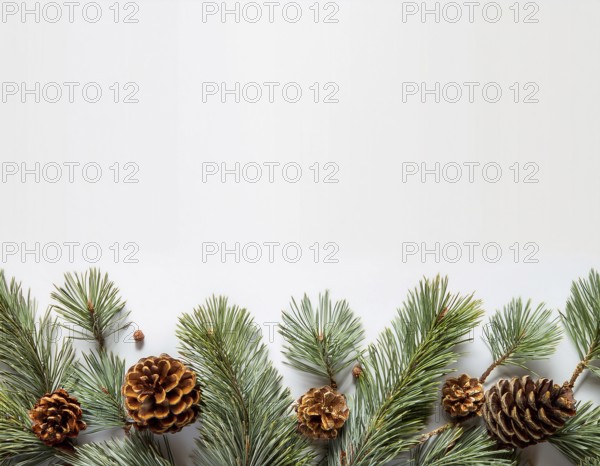 Holiday-themed flat lay with evergreen pine branches and pine cones, evoking a minimalist and
