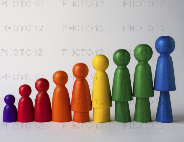 Wooden figurines painted in vibrant rainbow colors, arranged in a neat line on a white surface.