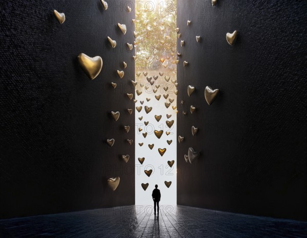 A striking artistic scene depicting a silhouette of a person beneath a vertical column of floating