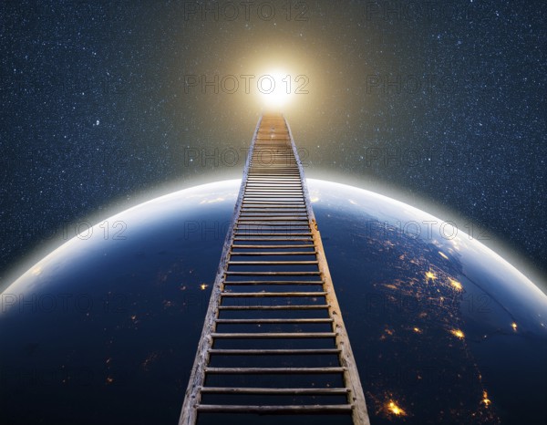 A ladder extends toward the glowing full moon against a starry night sky, evoking dreams and