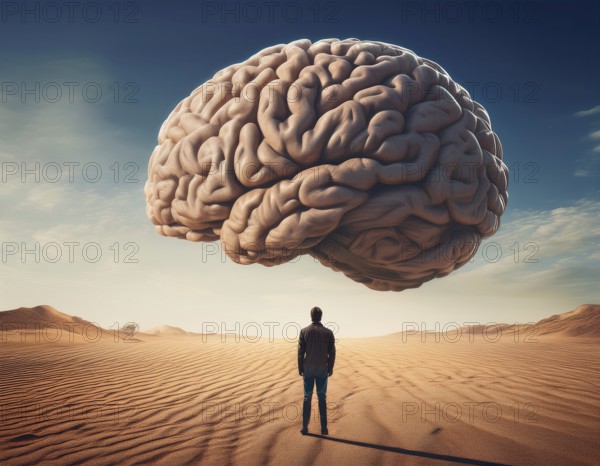 A lone figure stands before a giant brain floating in a surreal desert setting, symbolizing
