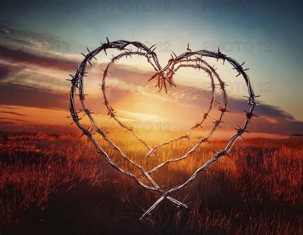 A symbolic depiction of a red heart entwined in barbed wire, set against a blurred warm-toned bokeh