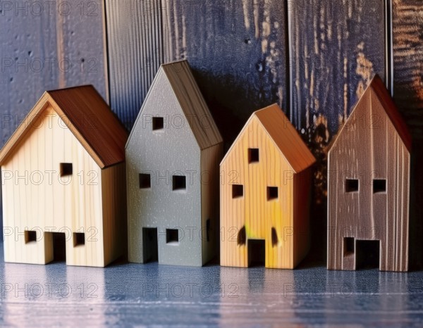 A collection of small model houses with cozy lighting, creating a warm and inviting atmosphere, AI