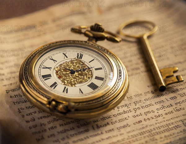 A classic golden pocket watch and ornate key resting atop an aged newspaper, symbolizing time and