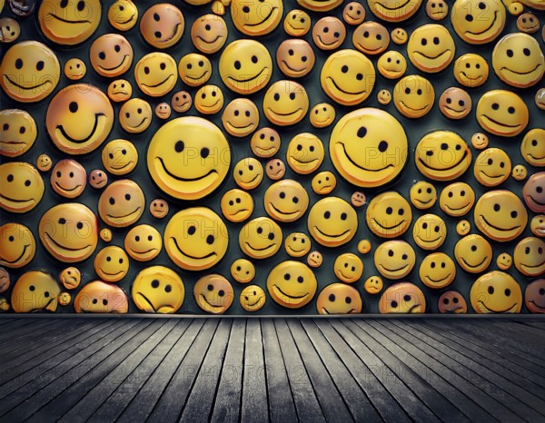 Colorful illustration featuring a seamless pattern of cheerful smiley faces on a blue surface,