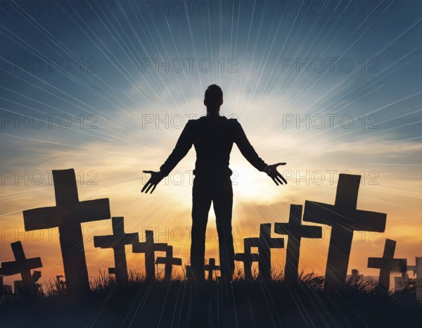 A silhouette of a lone figure walking off a gravestone, The scene evokes Resurrection thoughts
