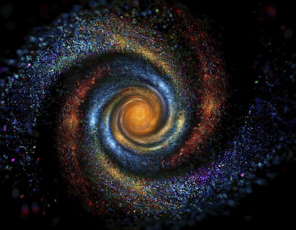 Abstract representation of a colorful swirling galaxy formed by vibrantly arranged particles and