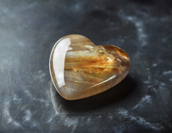A heart-shaped gemstone with vivid colors placed on a textured surface, capturing an elegant and