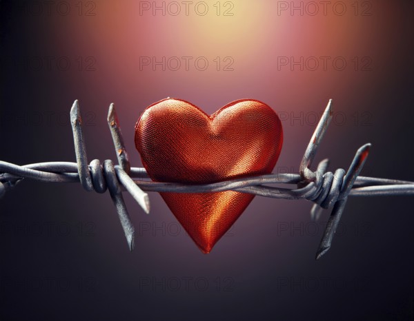 A symbolic depiction of a red heart entwined in barbed wire, set against a blurred warm-toned bokeh