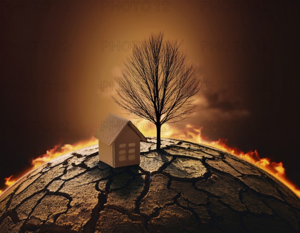 A miniature house and bare tree on cracked soil with a vivid orange sunset, symbolizing