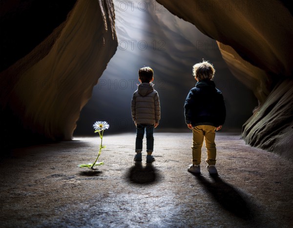 A dark canyon with a child standing near a blooming yellow flower, symbolizing hope in solitude, AI