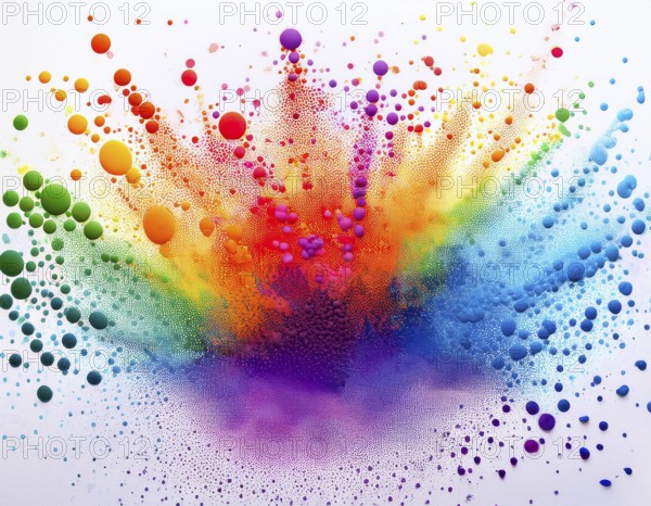 Vibrant and energetic multicolored powder explosion captured against awhite background. Evoking