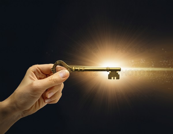 A hand holds an antique key, leading to a bright light in a keyhole shape, symbolizing opportunity,