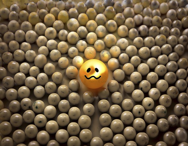 Wooden balls feature faces, one smiling among sad expressions, representing positivity or