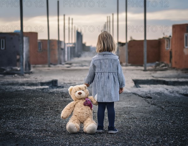 A young child stands alone holding a teddy bear in an urban outdoor setting, symbolizing innocence