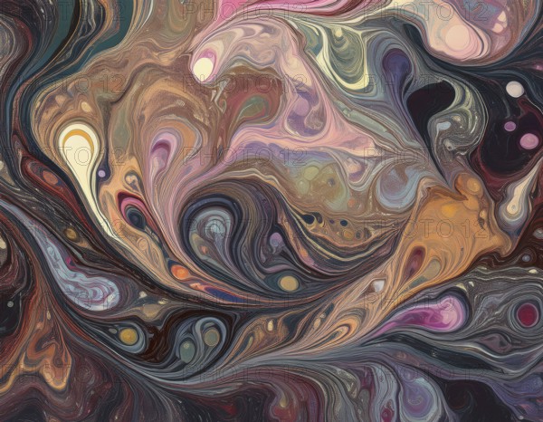 Abstract Marble Waves Acrylic Background. Abstract fluid art with swirling colors and bubbles,
