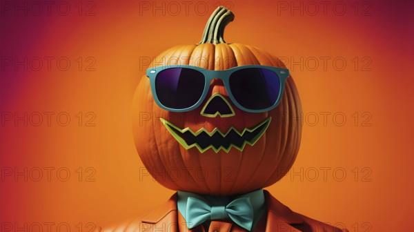 Carved Halloween pumpkin character in sunglasses and green blue bow tie wearing an orange suit, on