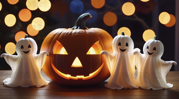 Trio of ghosts, three cute lovely childish baby ghosts on wooden table next to glowing carved