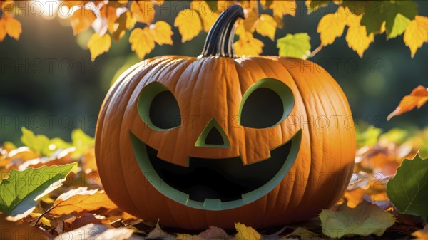 Carved friendly smiling Halloween pumpkin on fallen autumn leaves under the tree in the park. AI