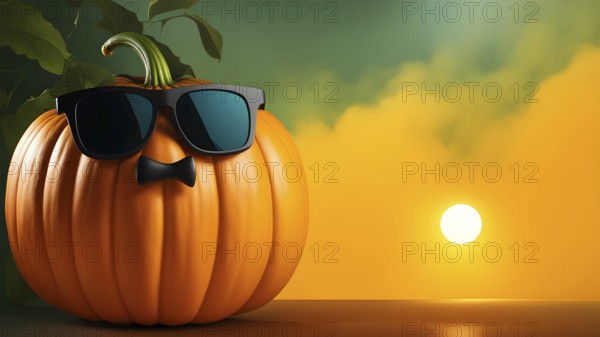 Cool Halloween pumpkin with bow tie mustache wearing sunglasses against whimsical intricate sunset