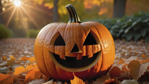 Carved friendly Halloween pumpkin on fallen autumn leaves in the park or forest, sunlight shining