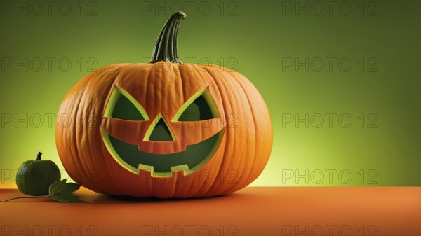 Carved orange Halloween on orange surface, against light green background with clean empty blank