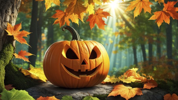 Carved Halloween pumpkin on a stone in the forest under the tree, fallen autumn leaves around,