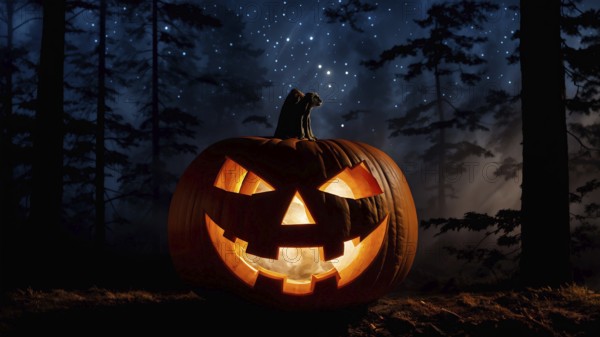 Large single jack-o-lantern, carved Halloween pumpkin in an autumn forest at night under beautiful
