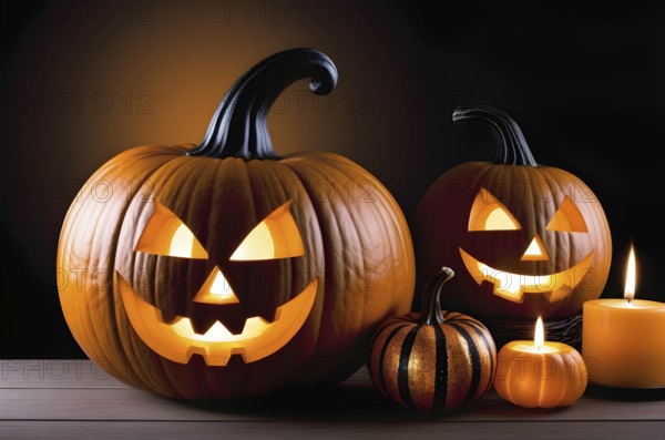 Jack-o-lanterns, carved Halloween pumpkins on a wooden table, minimalistic dark background,