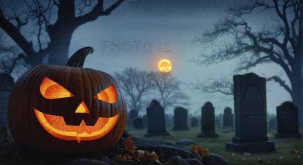 A carved Halloween pumpkin, a jack o lantern glowing in the cemetery at night under the light of