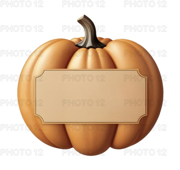 A vibrant orange pumpkin with a smooth surface and a blank label sits ready for Halloween,