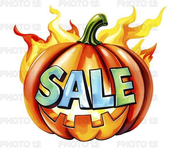 A vibrant painted burning pumpkin with the word 'SALE' and flames, conveying a hot Halloween sales