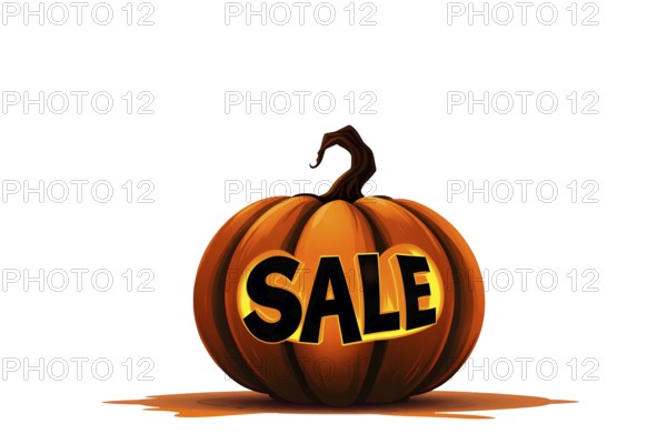 An orange pumpkin with the word 'SALE' carved into it, set against a white background, conveying a
