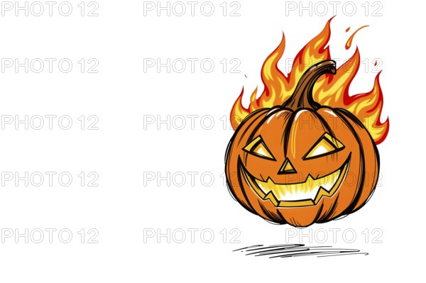 A flaming jack-o'-lantern with a sinister grin, set against a white background, Halloween theme. AI