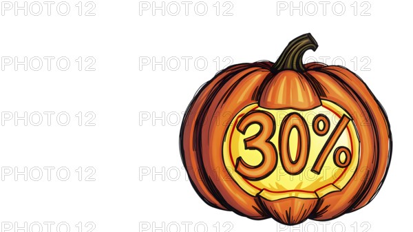 Illustration of a pumpkin with a 30% discount symbol carved, themed for Halloween sale. AI
