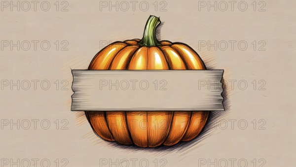 A detailed drawing features a round orange pumpkin with textured grooves and a blank banner wrapped