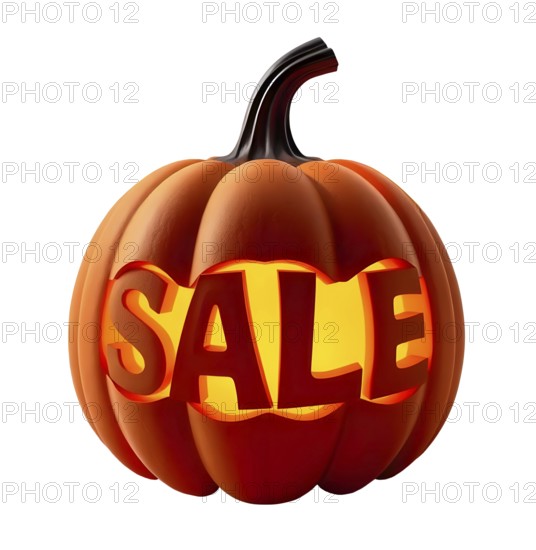 A carved pumpkin with text 'SALE' lit from within, creating a festive Halloween atmosphere. AI