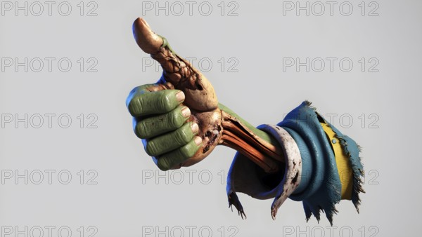A realistic 3D cartoon green zombie hand with exposed muscles giving a thumbs up, Halloween or Day