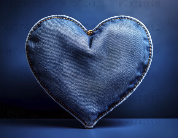 A beautiful heart-shaped denim pillow, symbolizing love and creativity, designed from repurposed