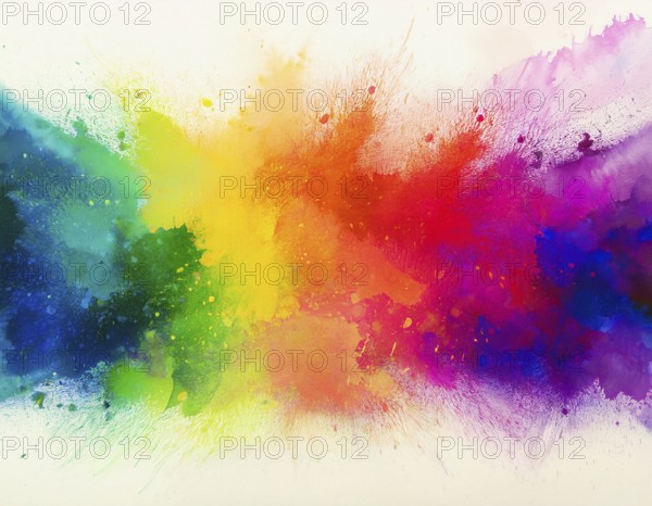 Colorful abstract art depicting a vibrant explosion of rainbow hues on a white background, evoking
