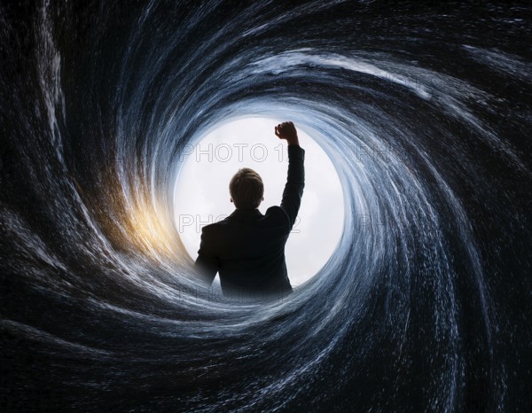 A silhouette of a person appears to fall into a brightly lit vortex amidst cosmic spirals, AI