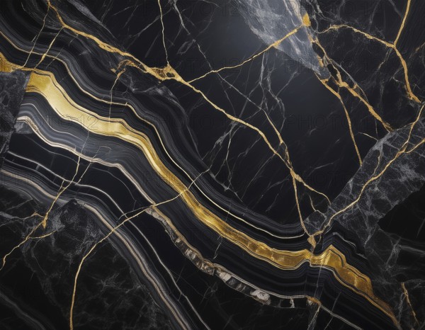 Abstract black marble texture with intricate gold veins and luxurious visual appeal, perfect for