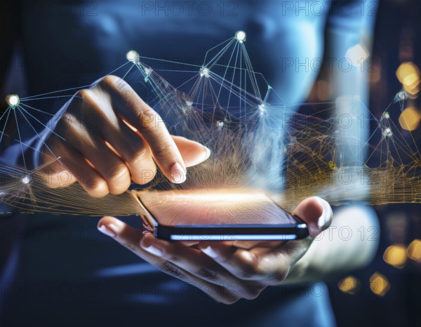 A close-up of a hand using a smartphone with a glowing digital network overlay, illustrating