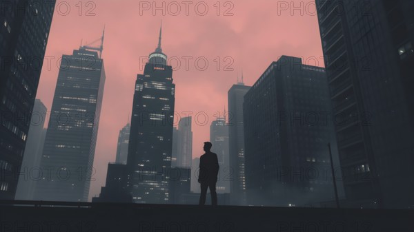 Celebrate ambition with man silhouette cityscape art, a motivational poster symbolizing dreams,