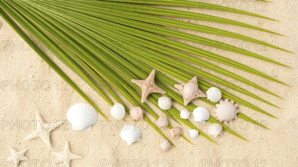 Background with seashells arranged in decorative coastal style, symbolizing summer, ocean beauty,