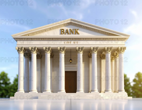 Bank building facade with classical columns, symbolizing finance, economic stability, investment