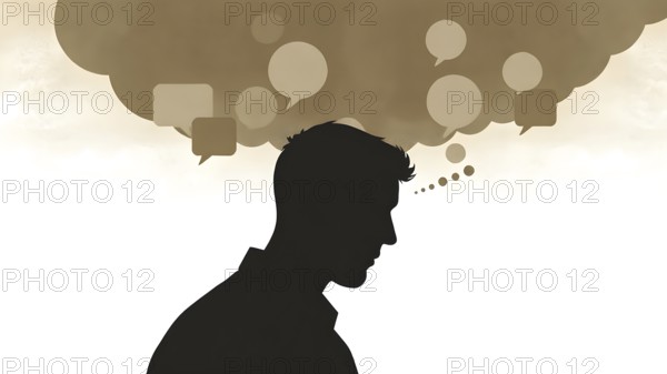 Thinking man silhouette with speech bubble concept, symbolizing dialogue, reflection, creative