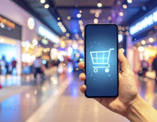 Hand holding smartphone glowing shopping cart icon poster symbolizing online shopping, e-commerce,